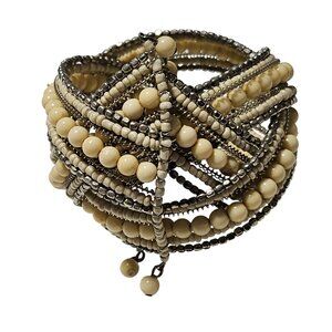 Elegant Chunky Beaded Cuff Bracelet Multilayered Design Cream Silver Tone Beads